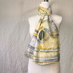 Hand Painted Silk Scarf Geometric Sketch Sheer Multicolored Art Lightweight